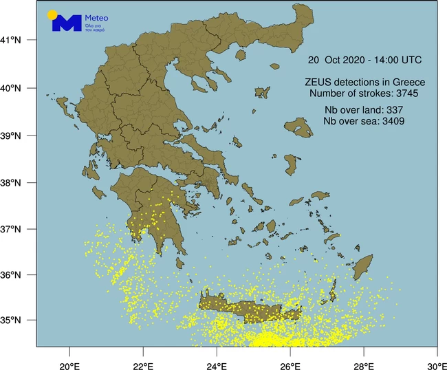 Καιρός - Εντυπωσιακό: "Βροχή" με 3.800 κεραυνούς στα νότια της χώρας και μεγάλα ύψη βροχοπτώσεων στην Κρήτη