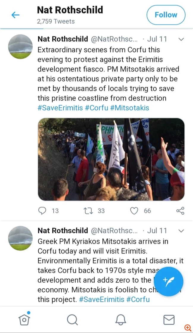 Υβριστικό tweet του τραπεζίτη Ρότσιλντ σε Μητσοτάκη για το Kassiopi Project στην Κέρκυρα