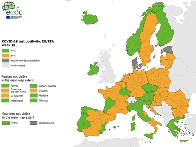 ECDC: "Πράσινη" για 4η εβδομάδα η Ελλάδα -  Κάτω από το 4% ο δείκτης θετικότητας [Χάρτες]
