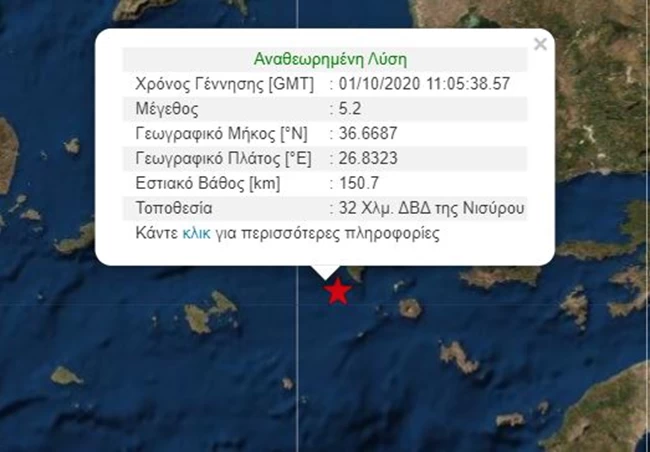 Σεισμός 5,2 Ρίχτερ στα Δωδεκάνησα - Κοντά στη Νίσυρο