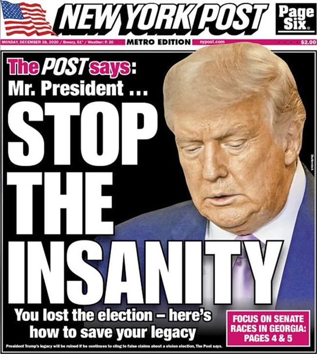 Μέχρι και η New York Post λέει στον Τραμπ: Φτάνει, σταμάτα την παράνοια, έχασες τις εκλογές