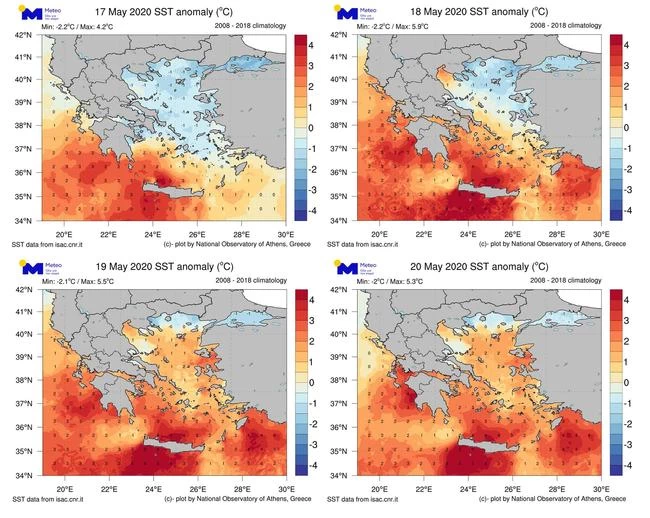 Καύσωνας και στις ελληνικές θάλασσες μετά τις ακραίες θερμοκρασίες του Μαΐου - Χάρτες