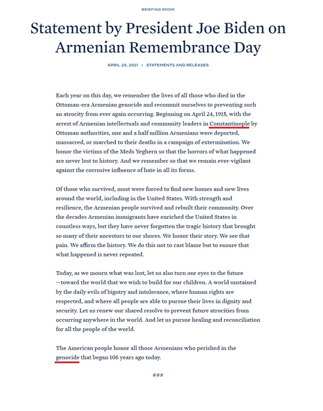 Ιστορική εξέλιξη: Οι ΗΠΑ αναγνώρισαν την Γενοκτονία των Αρμενίων - "Χαστούκι" στην Τουρκία η δήλωση Μπάιντεν