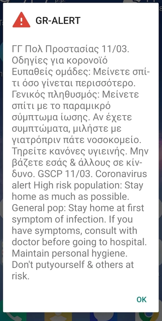 Κορονοϊός: Alert από ΓΓ Πολιτικής Προστασίας - "Μείνετε σπίτι"