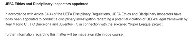 Επίσημο: Η UEFA ξεκινά πειθαρχικό έλεγχο για Ρεάλ Μαδρίτης, Μπαρτσελόνα και Γιουβέντους