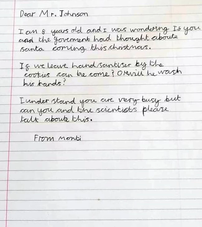 "Στον Άγιο Βασίλη, να δώσω αντισηπτικό;": Το υπέροχο γράμμα 8χρονου στον Μπόρις Τζόνσον