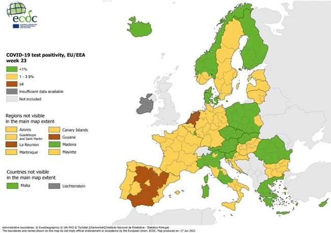 Χάρτης ECDC: "Πράσινη" η Ελλάδα - Κάτω από το 1% ο δείκτης θετικότητας