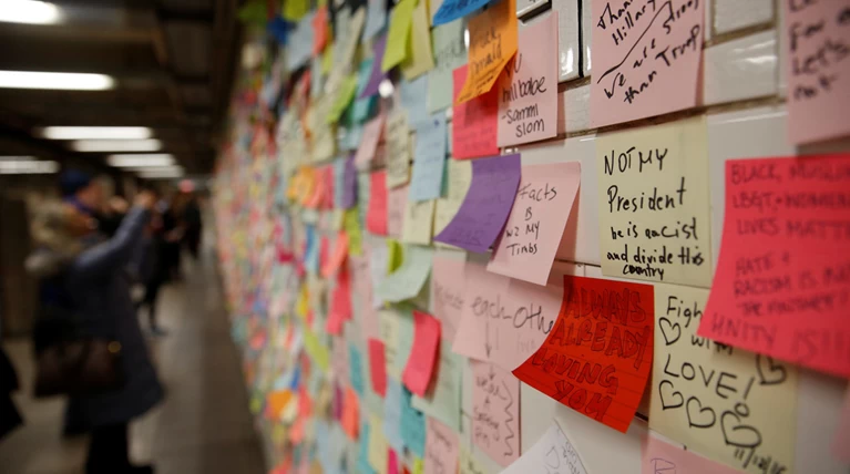 Με post-it διαμαρτύρονται στο μετρό οι αμερικάνοι για την εκλογή Τραμπ