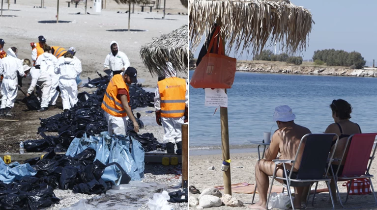Με φτυάρια μαζεύουν το μαζούτ - μακάριοι οι λουόμενοι